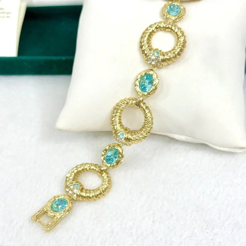 Vntg. Princess Grace Collection Gold Tone Bracelet w/Aqua Crystals & Rhinestones - Picture 2 of 15